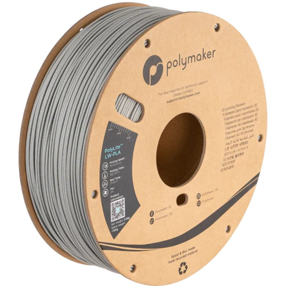 Polymaker PA08003 6938936710295 3D nyomtatószál LW-PLA Matt, Kis sűrűség 1.75 mm 800 g Szürke PolyLite™ 1 db (PLM-25189)