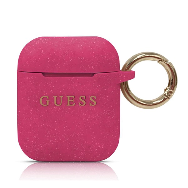 GUESS Apple AirPods / AirPods 2 Szilikon tok - Magenta csillámporos (GUACCSILGLFU)