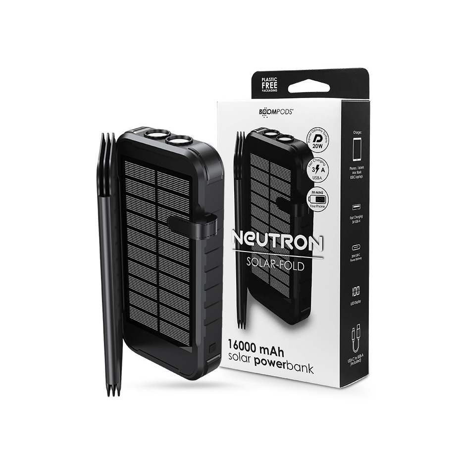 Univerzális hordozható, asztali akkumulátor töltő - Boompods Neutron Solar-Fold Power Bank - 2xUSB + Type-C + PD + QC3.0 - 16.000 mAh - fekete (PNFBLK)
