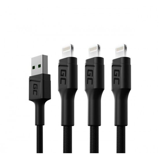 Cablu Set 3x USB-Lightning 200cm, Green Cell GC Ray, incarcare rapida Apple 2.4A, pentru Apple iPhone iPad iPod