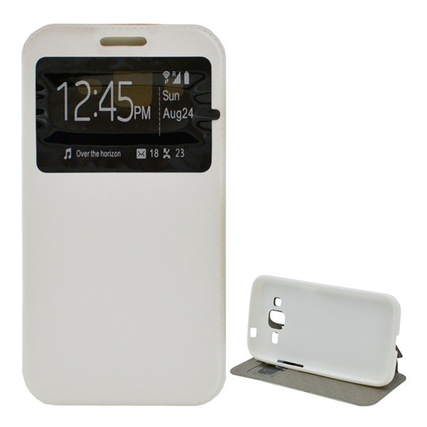 Tok álló, bőr hatású (FLIP, oldalra nyíló, asztali tartó funkció, S-View Cover) FEHÉR [Samsung Galaxy Core Prime LTE (SM-G361)] (5996457556441)