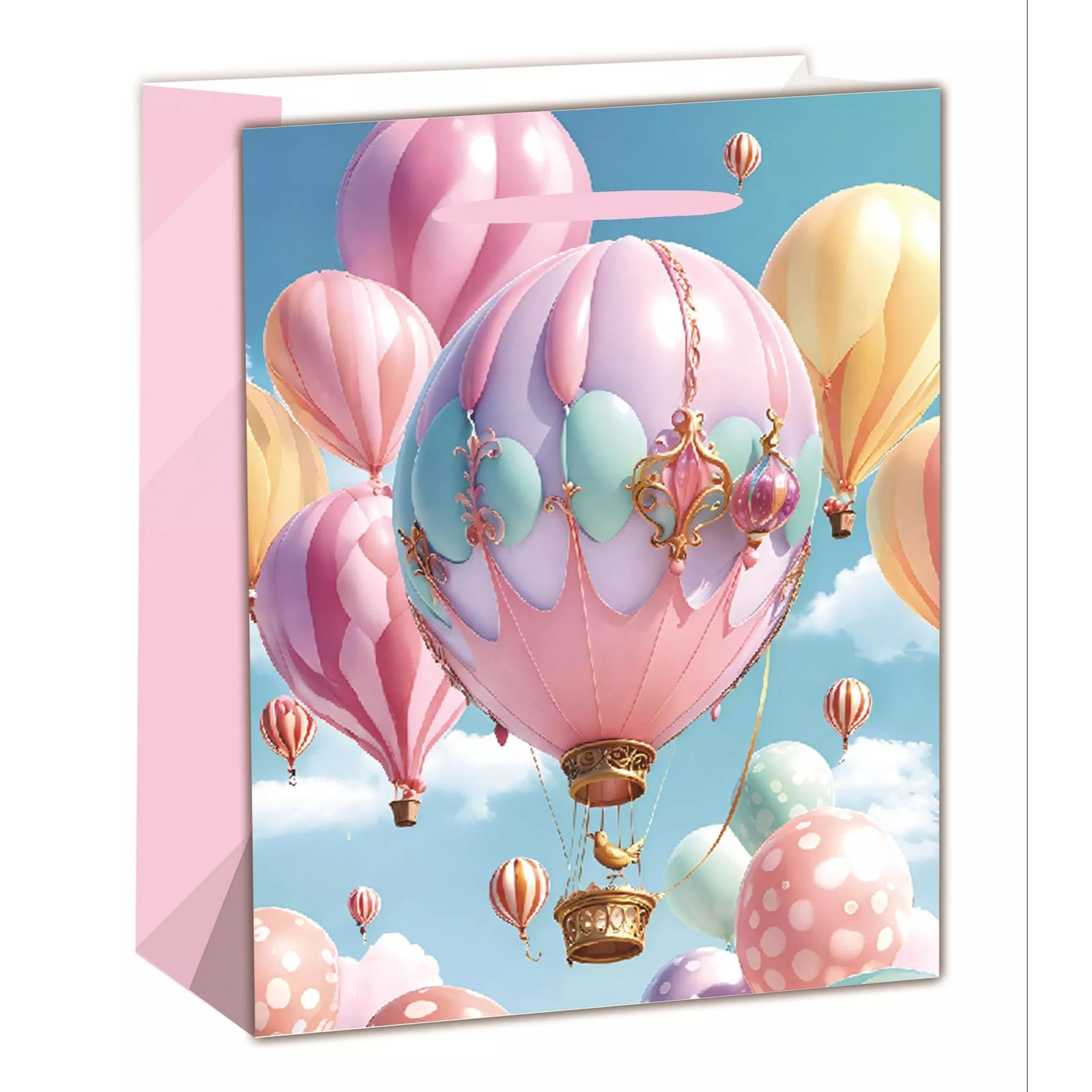 Hőlégballon mintás szalagfüles papír ajándéktasak (18 x 23 cm) - Rózsaszín/Mintás (370490)