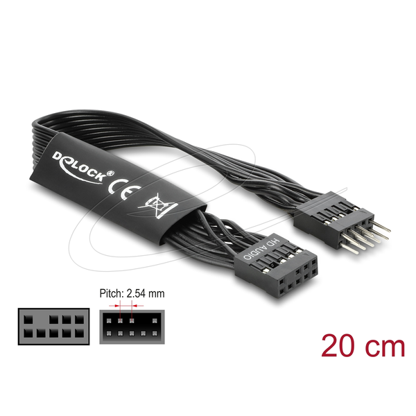 Delock HD Audio Flachbandkabel Mainboard Verlängerungskabel 9 Pin Pfostenstecker zu Pfostenbuchse 20 cm schwarz