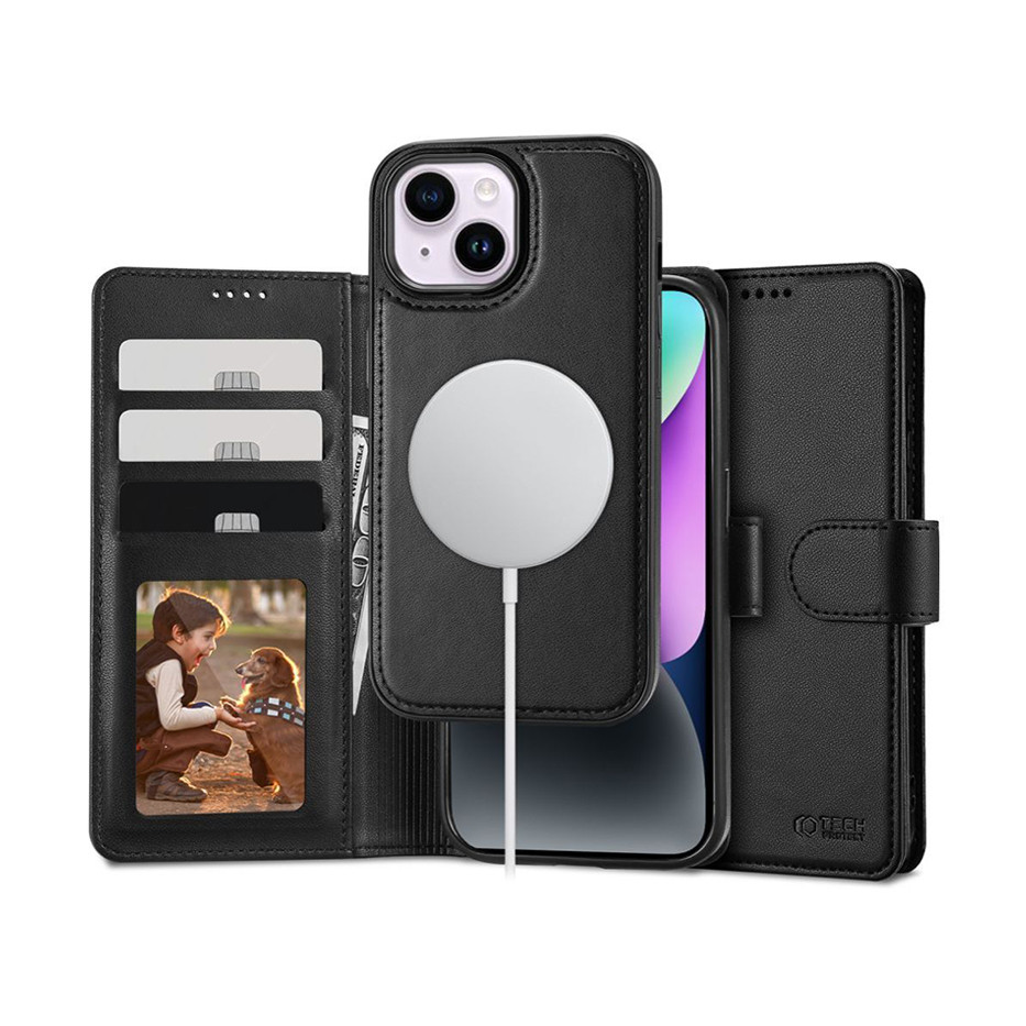 Tech-Protect Wallet flipes bőrtok + Magsafe hátlap - Apple iPhone 15 - fekete (TP603910)