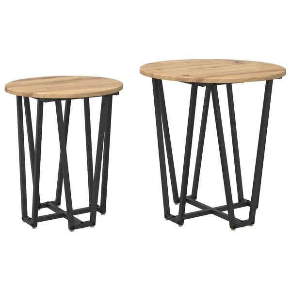 Set 2 mese laterale, stejar rustic, lemn prelucrat și metal