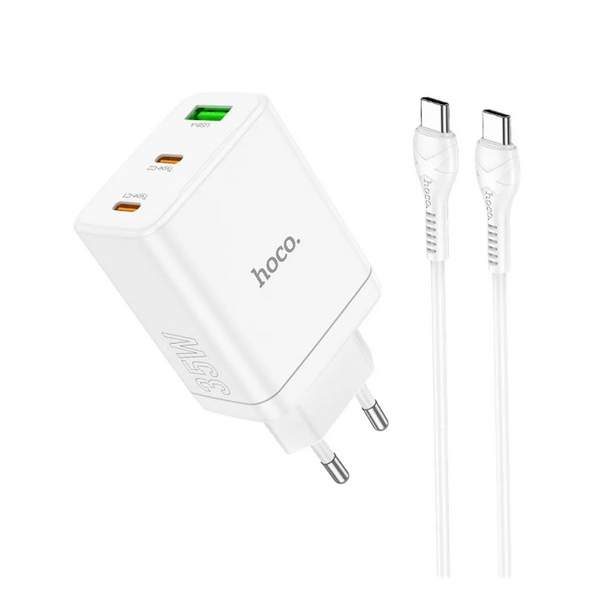 HOCO N33 2x USB-C / USB-A Hálózati töltő + USB-C kábel - Fehér (35W) (N33_W_TYPE-C)