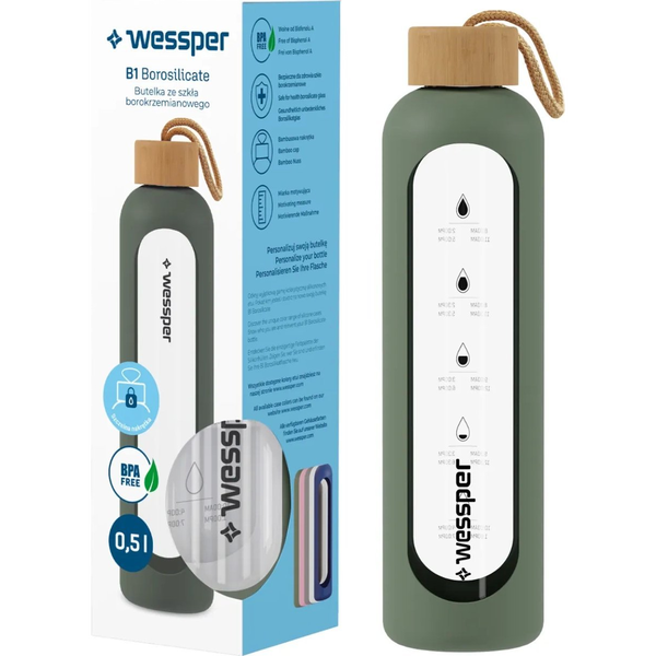 Wessper Wessper B1 Borosilicate 500 ml Szklana butelka na wodę z miarką motywacyjną z oliwkowym etui