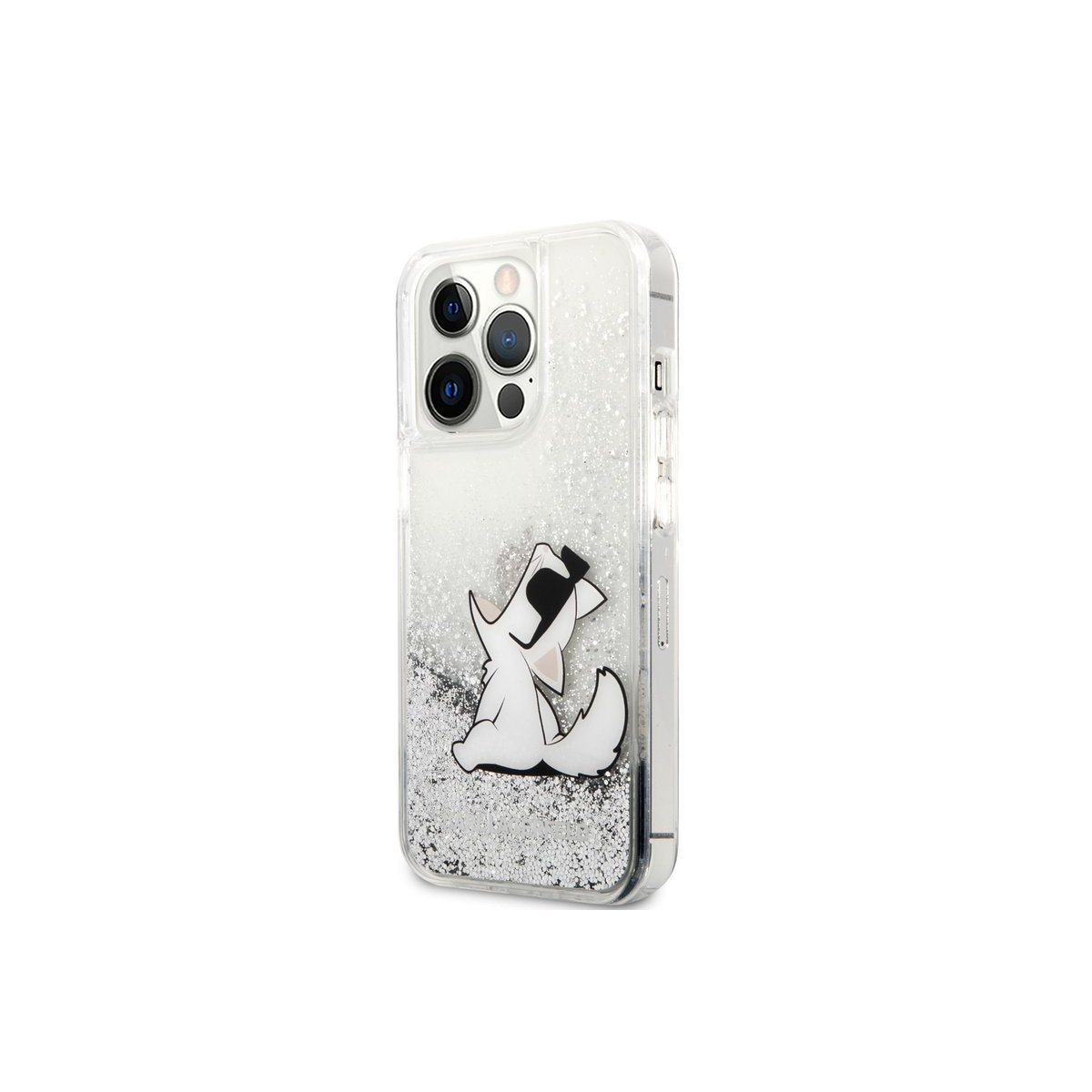 Karl Lagerfeld Liquid Glitter Choupette Eat Apple iPhone 13 Pro Max Szilikon Tok - Ezüst/Mintás (KLHCP13XGCFS)