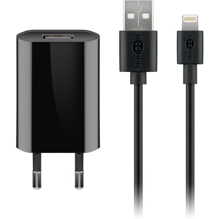 Goobay Lightning / USB-A Hálozati töltő készlet - Fekete (5W) (44994)