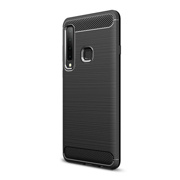 Szilikon telefonvédő (közepesen ütésálló, légpárnás sarok, szálcsiszolt, karbon minta) FEKETE [Samsung Galaxy A9 (2018) SM-A920] (5996457823901)