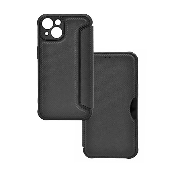 Apple iPhone 14 Plus, Oldalra nyíló tok, légpárnás sarok, bőrhatású, karbon minta, Razor Book, fekete (RS129171)