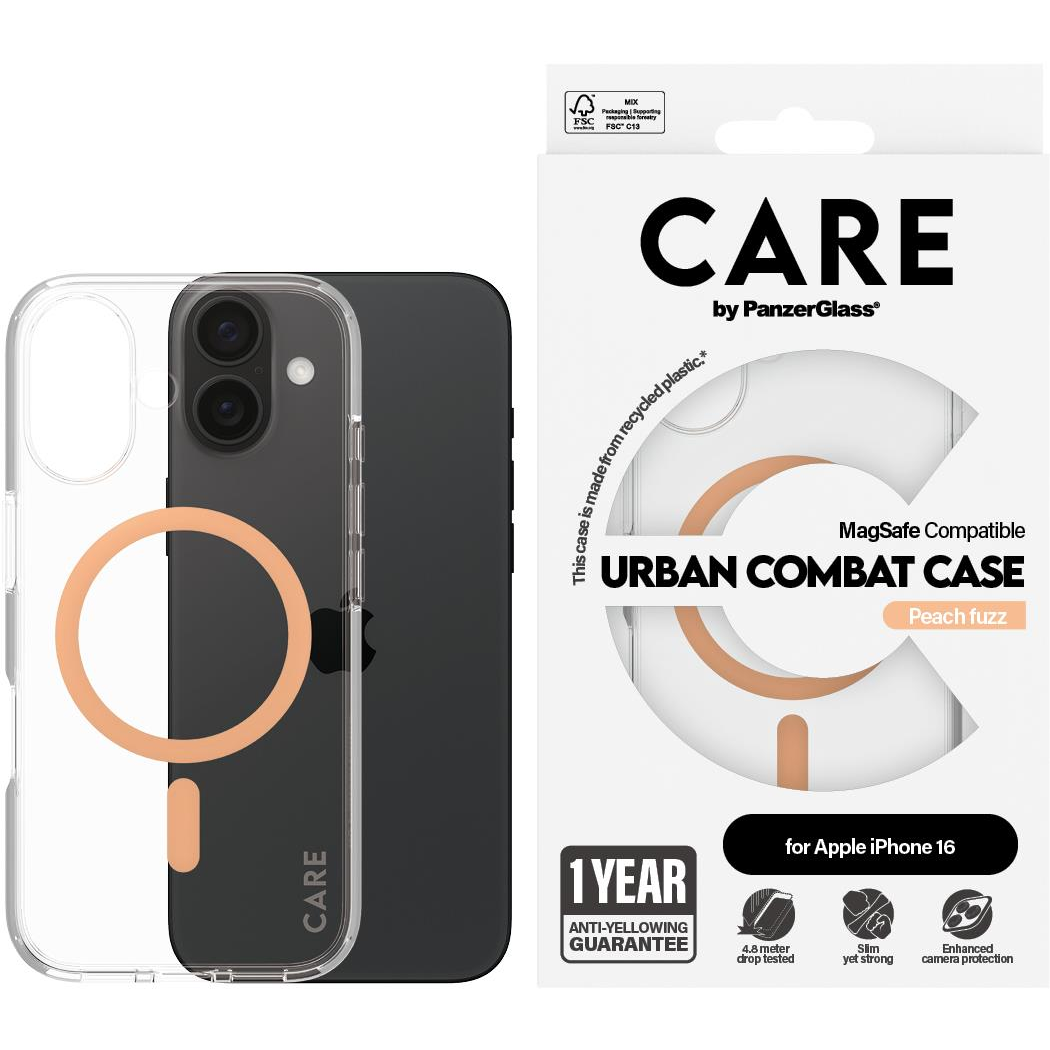 PanzerGlass CARE Apple iPhone 16 MagSafe Urban Combat átlátszó/barackszín nem sárguló tok (1373)