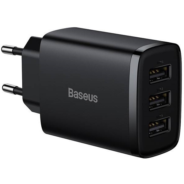 Hálózati töltő adapter, 17W, 3 x USB aljzat, gyorstöltés, Baseus Compact, fekete (RS130634)