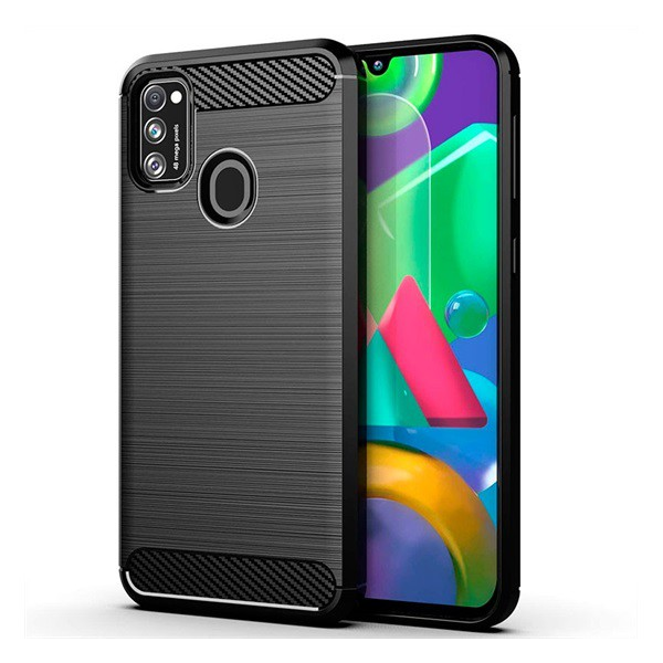 Szilikon telefonvédő (közepesen ütésálló, légpárnás sarok, szálcsiszolt, karbon minta) FEKETE [Samsung Galaxy M21 (SM-M215f)] (5996457969913)