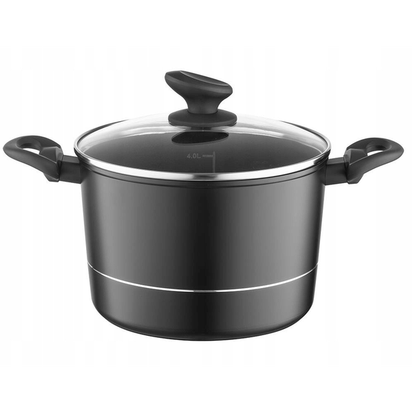 GARNEK DELUX 24 CM 6,2L. Z POKRYWKĄ, WYSOKI, IND. by M.G. (CZARNY, POWŁOKA NIEPRZYWIERALNA , UCHWYT CZARNY)