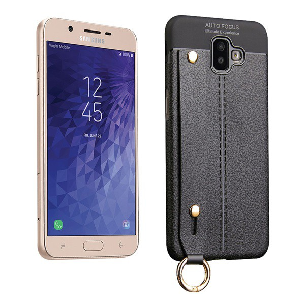 Szilikon telefonvédő (közepesen ütésálló, asztali tartó funkció, bőr hatású, varrás minta + kézpánt) FEKETE [Samsung Galaxy J6 Plus (SM-J610F)] (5996457825974)