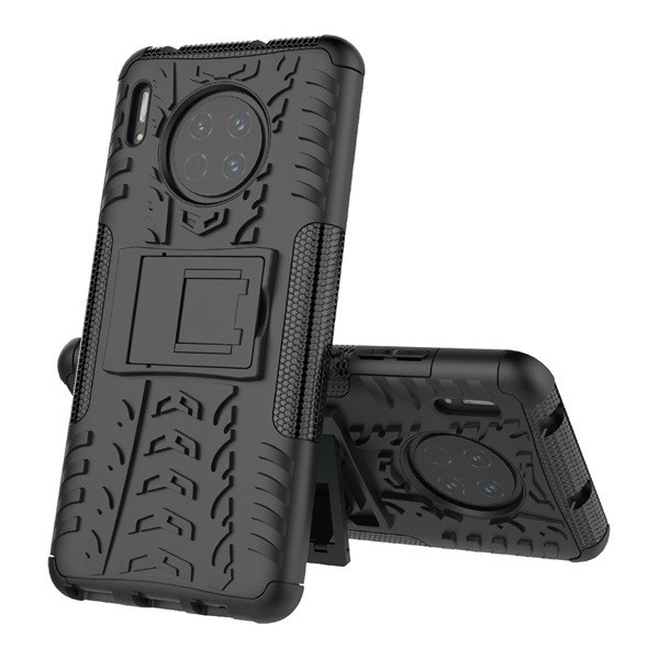 Huawei Mate 30 / 30 5G, Műanyag hátlap védőtok, Defender, kitámasztóval és szilikon belsővel, autógumi minta, fekete (G92293)
