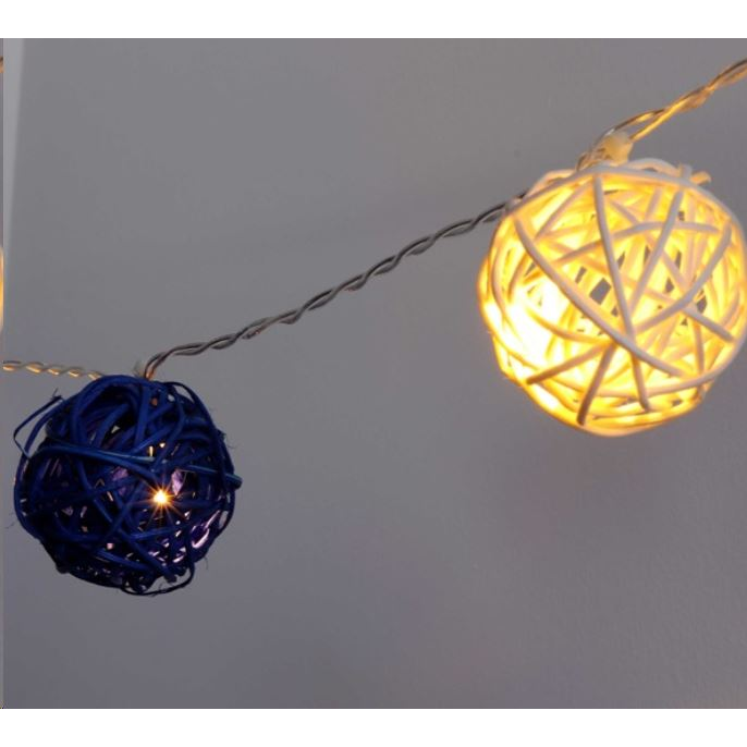 IRIS Gömb alakú fonott/rattan/4m/fehér + kék/20db LED-es/3xAA elemes fénydekoráció (101-04) (101-04)