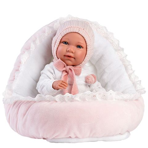 Llorens Mimi  síró kislány baba pink ruhában bölcsővel 42cm-es (74088)