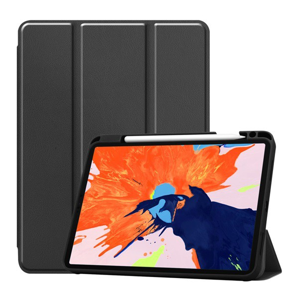 Tok álló, bőr hatású (aktív FLIP, oldalra nyíló, TRIFOLD asztali tartó funkció, Apple Pencil tartó) FEKETE [Apple IPAD Pro 12.9 (2020)]