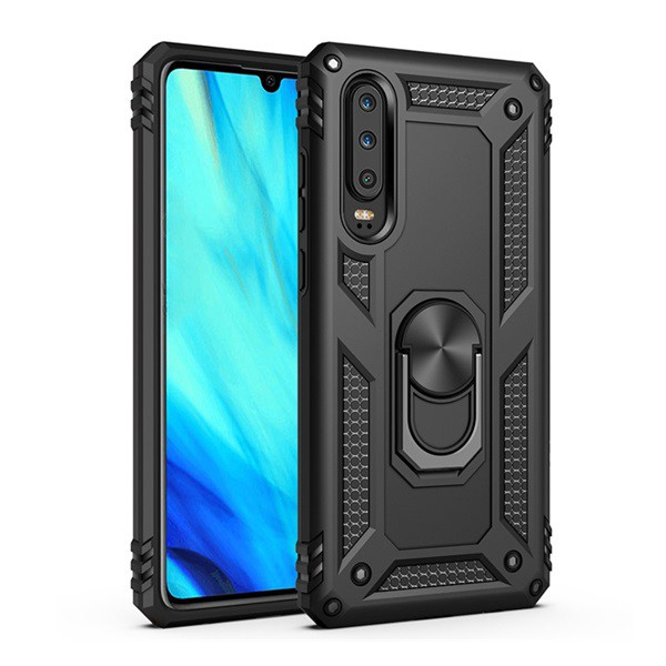 Defender műanyag telefonvédő (közepesen ütésálló, szilikon belső, telefontartó gyűrű, beépített fémlemez) FEKETE [Huawei P30] (5996457890484)