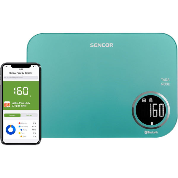 Sencor SKS 7071GR Интелигентна кухненска везна, приложение Sencor FOOD, база данни Dine4Fit, LCD дисплей, Turquoise