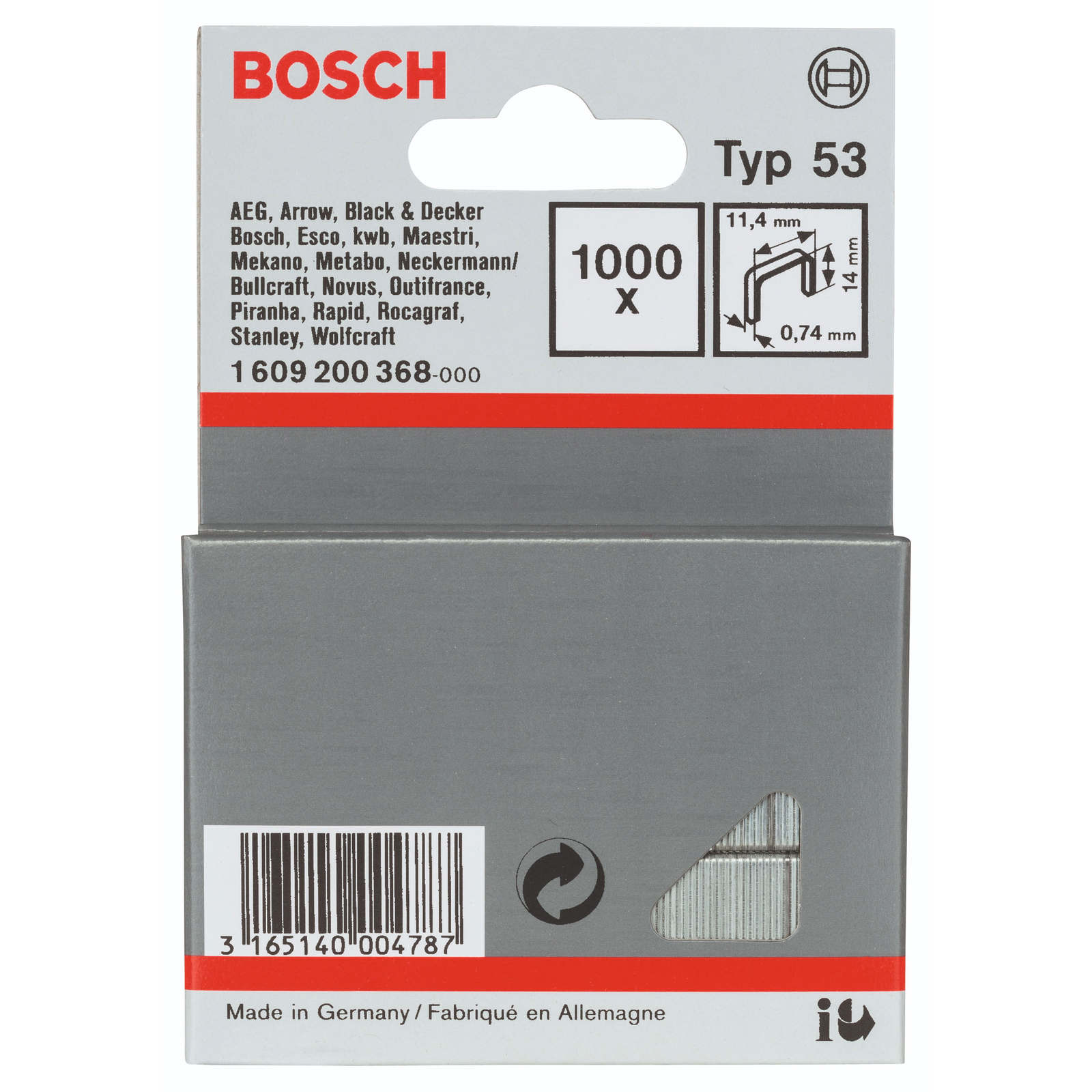 Bosch 1609200368 tűzőkapocs tűzőgépekhez, vékony huzalból, 53-as típus 11,4 × 0,74 × 14 mm (1.609.200.368)