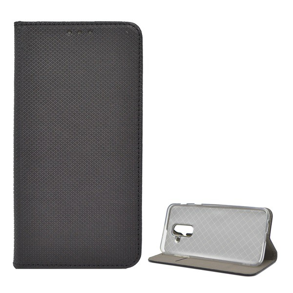 Tok álló, bőr hatású (FLIP, oldalra nyíló, asztali tartó funkció, rombusz minta) FEKETE [Samsung Galaxy A6+ (2018) SM-A605F] (5996457770076)