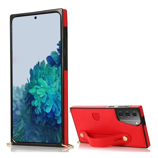 Szilikon telefonvédő (közepesen ütésálló, asztali tartó funkció, bőrhatású hátlap + kézpánt + vállpánt) PIROS [Samsung Galaxy S21 Plus (SM-G996) 5G] (5996591069326)