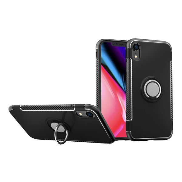 Műanyag telefonvédő (szilikon keret, asztali tartó funkció, telefontartó gyűrű, beépített fémlemez, karbon minta) FEKETE [Apple iPhone XR 6.1] (5996457814978)