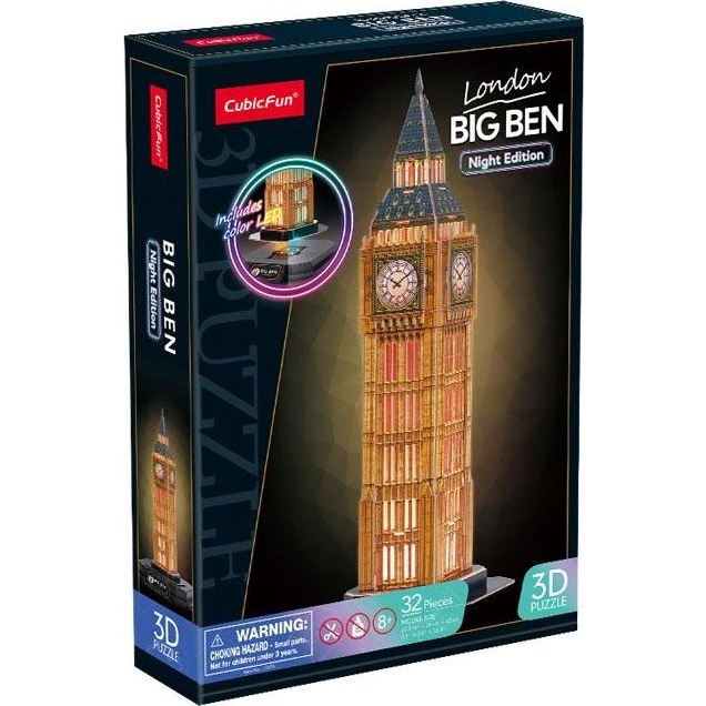 CUBICFUN 3D puzzle játék 32 darabos Big Ben éjszakai változat LED világítással (GXP-882585)