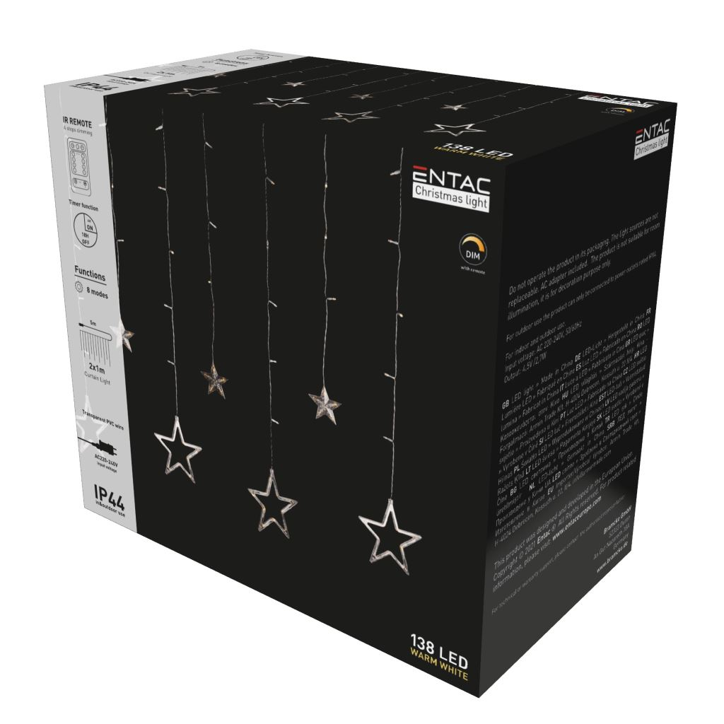 Entac Karácsonyi függönylámpa IP44 138 LED 12db csillagok 8F + időzítő 2x1m IR távirányítóval (ECCL-138-SS-2X1) (ECCL-138-SS-2X1)