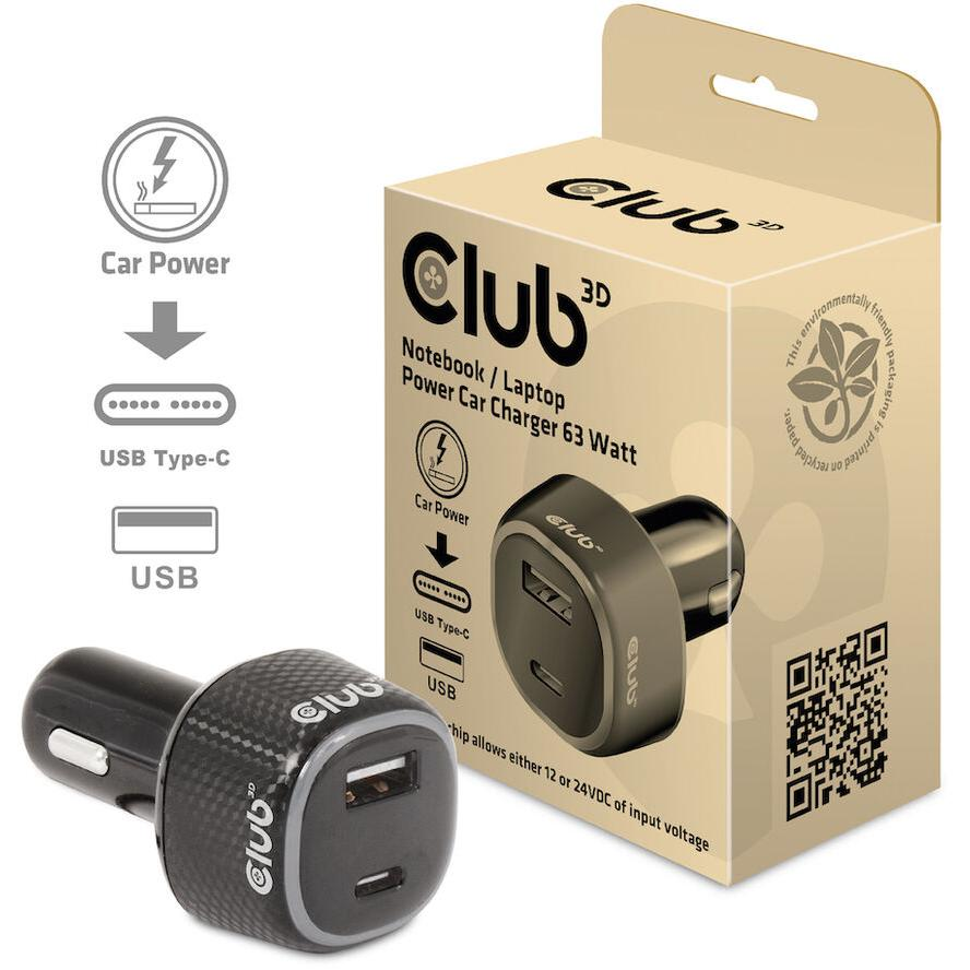 Club3D USB KFZ-Ladegerät 1xUSB C, 1xUSB A, 63W, 12/24V retail (CAC-1922)