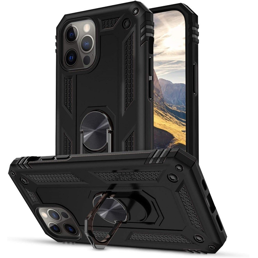Samsung Galaxy A24 4G SM-A245F, Műanyag hátlap védőtok, közepesen ütésálló, szilikon belső, telefontartó gyűrű, Defender, fekete (136598)