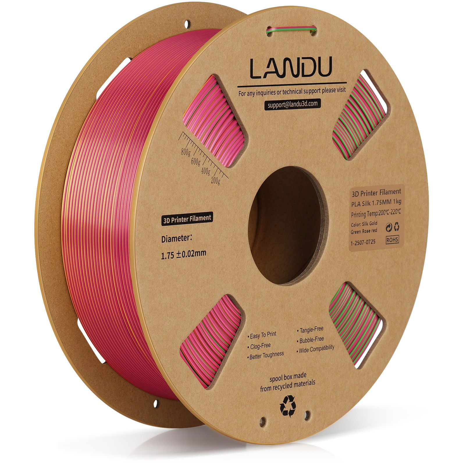 Landu PLA Silk Tri Color Gold-green-rose red 1kg (landu250737)
