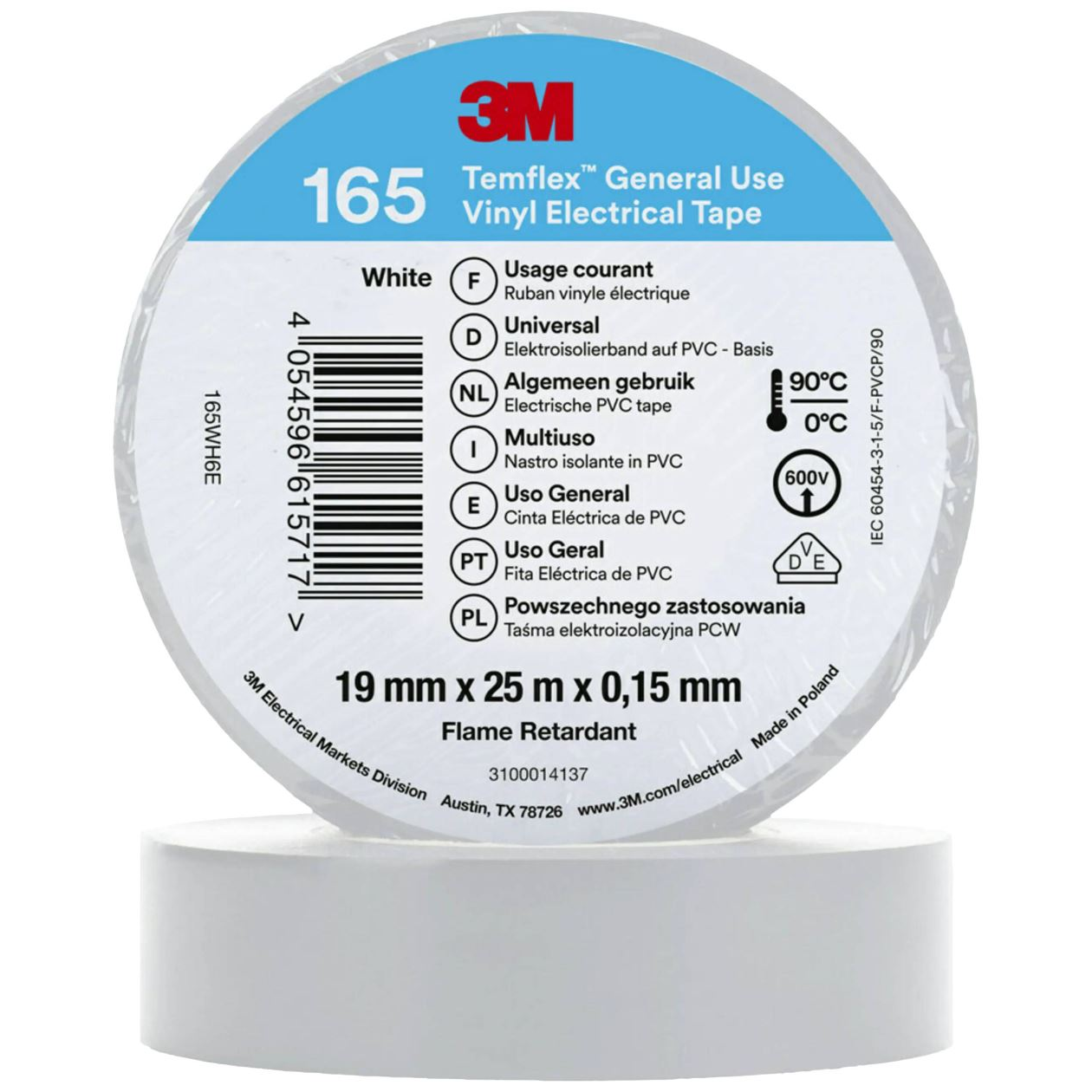 3M Temflex 165 165WH6E vinil szigetelőszalag, fehér, 25 m x 19 mm (165WH6E)