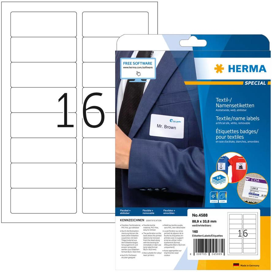 HERMA Textil/Namensetiketten A4 88.9x 33.8mm weiss 160 St. (4588) (4588)