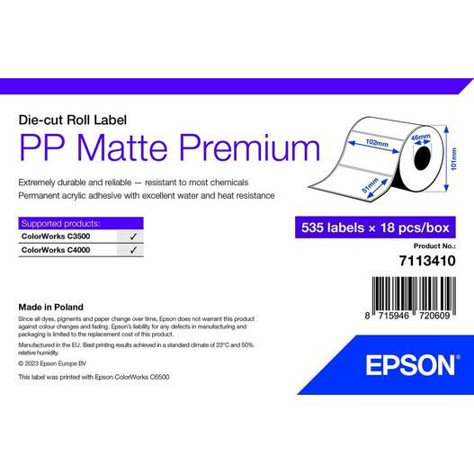 Epson PP Matte Label Premium, Die-cut címkenyomtató tekercspapír 102mm x 51mm, 535 címke (7113410) (epson7113410)