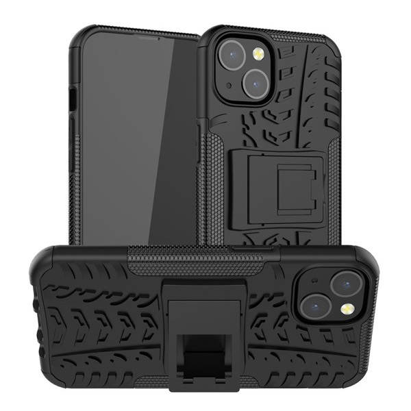 Defender műanyag telefonvédő (közepesen ütésálló, szilikon belső, kitámasztó, autógumi minta) FEKETE [Apple iPhone 13] (5996591104768)