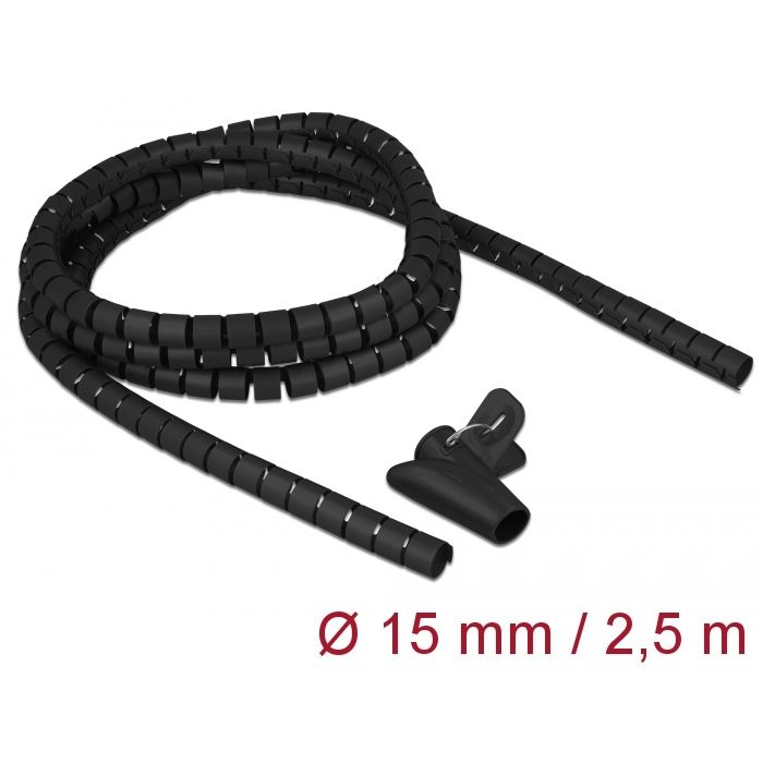 Delock spirális kábelburkolat, behúzó eszközzel 2,5m x 15mm fekete (18835) (del18835)