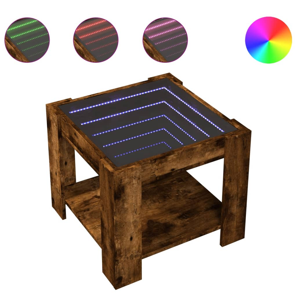 füstös tölgy szerelt fa dohányzóasztal LED-del 53 x 53 x 45 cm (847543)