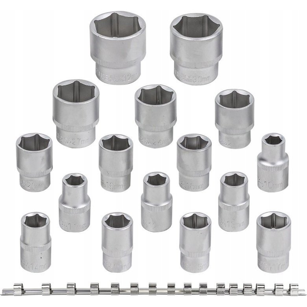  Rockforce Zestaw nasadek 16el. 1/2" (6-kątnych) (10-19,21,22,24,27,30,32mm) na listwie