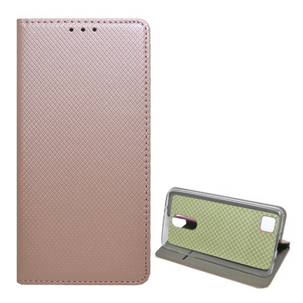 Калъф за телефон стоящ, кожен ефект (обърнат, страничен отвор, функция за държач за маса, текстилен модел) RoseGold [LG K8 (2017), M200n]