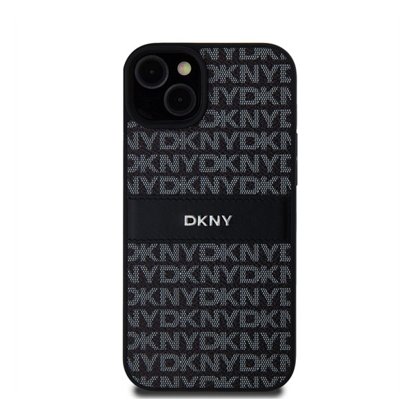 DKNY PU Leather Repeat Pattern Tonal Stripe Apple iPhone 15 Plus hátlap tok, fekete (3666339260408)