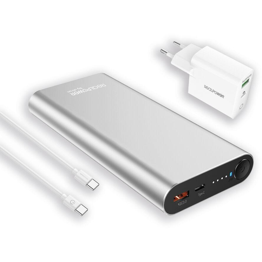 RealPower PB-20000PD Pro Power Bank 20000mAh - Ezüst (+ 65W USB-C töltő) (408097)