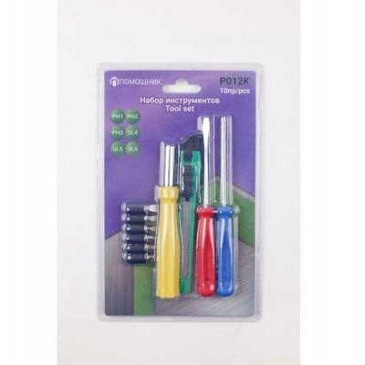 Zestaw narzędzi 10el. Bity: PH1,2,3, SL 4,5,6mm, uchwyt bitów 120mm, wkrętaki: PH1x75mm, SL 4x72mm, nóż łamany)
