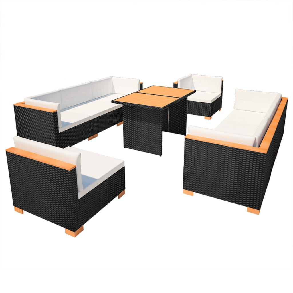 10-részes fekete polyrattan kerti bútorszett párnákkal (42753)