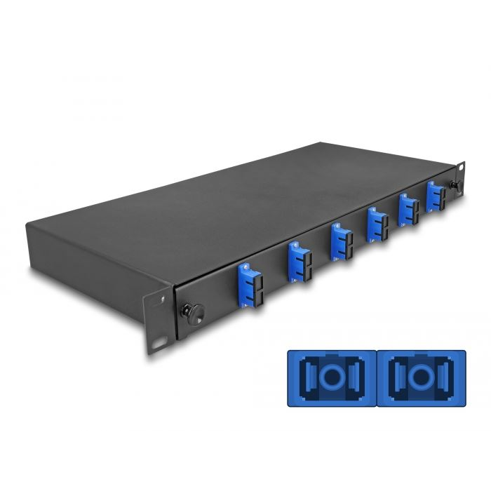 Delock 19” hosszú sínekbe rögzítéshez optikai szálösszefűző doboz, 6db SC Duplex OS2 1U, kompletten összeszerelve (67000) (delock67000)