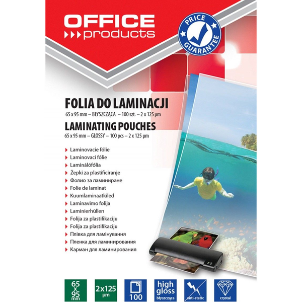 Office Products Folia do laminowania OFFICE PRODUCTS, 65x95mm, 2x125mikr., błyszcząca, 100szt., transparentna
