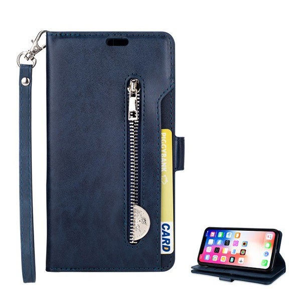 Tok álló, bőr hatású (FLIP, oldalra nyíló, asztali tartó funkció, cipzáras pénztárca, csuklópánt) SÖTÉTKÉK [Apple iPhone XS Max 6.5] (5996457803958)